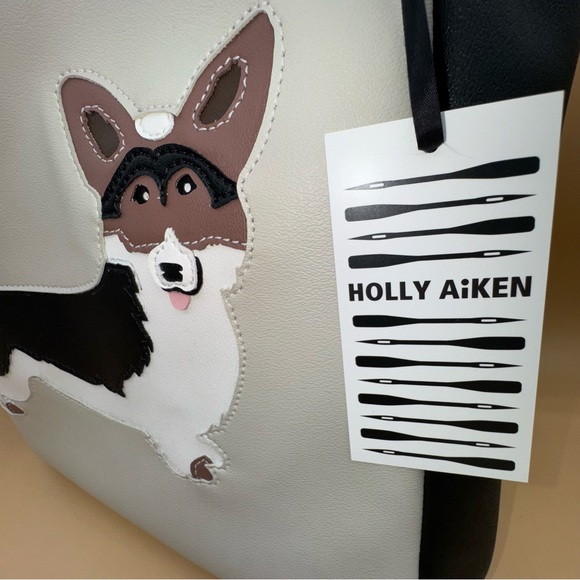 NWT Holly Aiken Gray and Black Corgi Tote Bag, Faux Leather - Picture 3 of 11